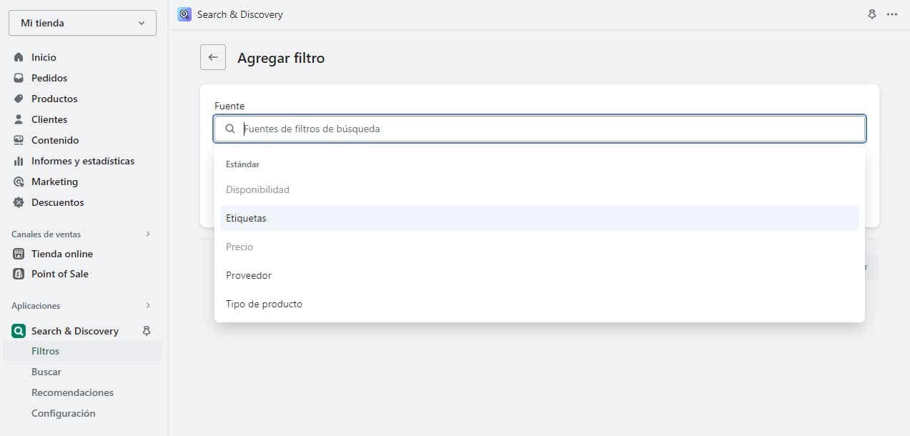 Configuración de filtros en Shopify - Search & Discovery